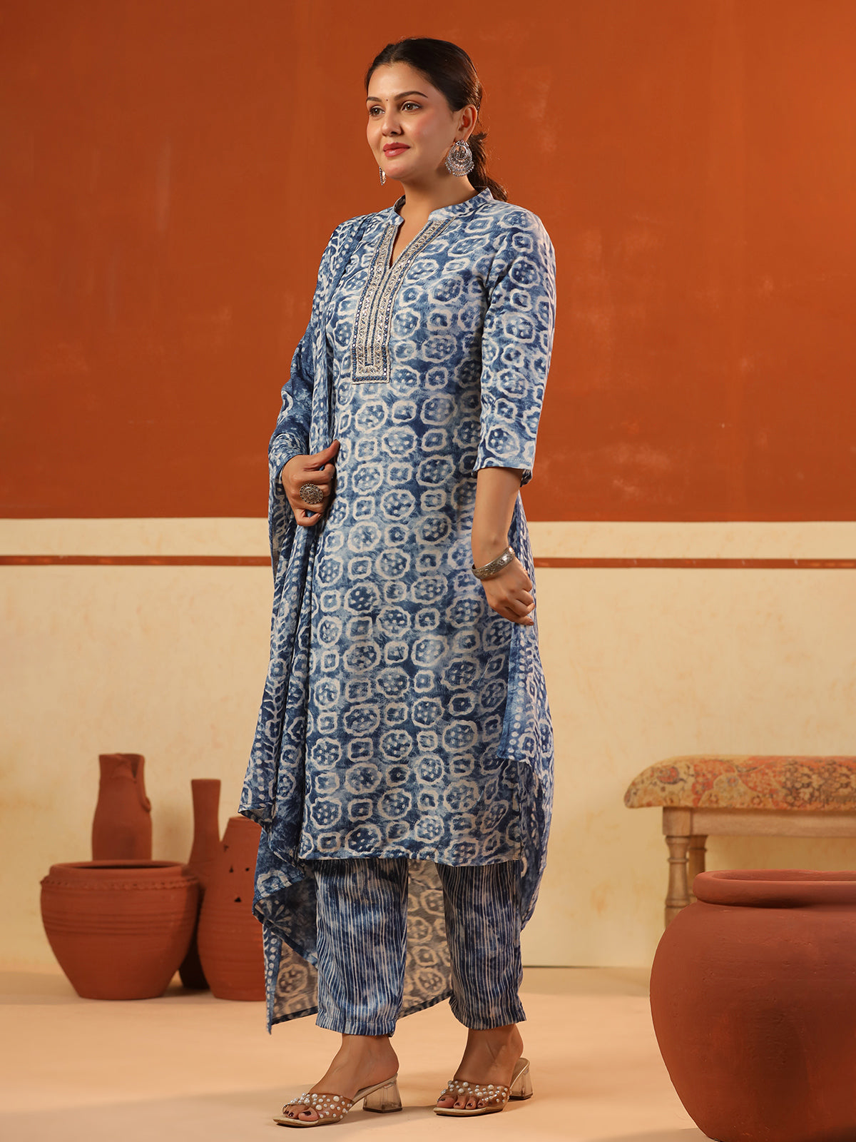 Rama blue cotton printed kurti set with stand collar