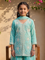 Aqua blue cotton silk palazzo suit with dupatta
