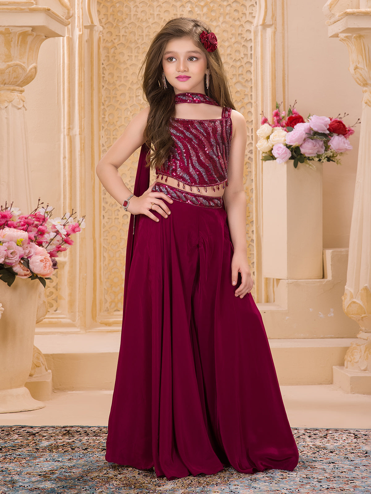Wine silk palazzo suit with cutdana and sequins detailing