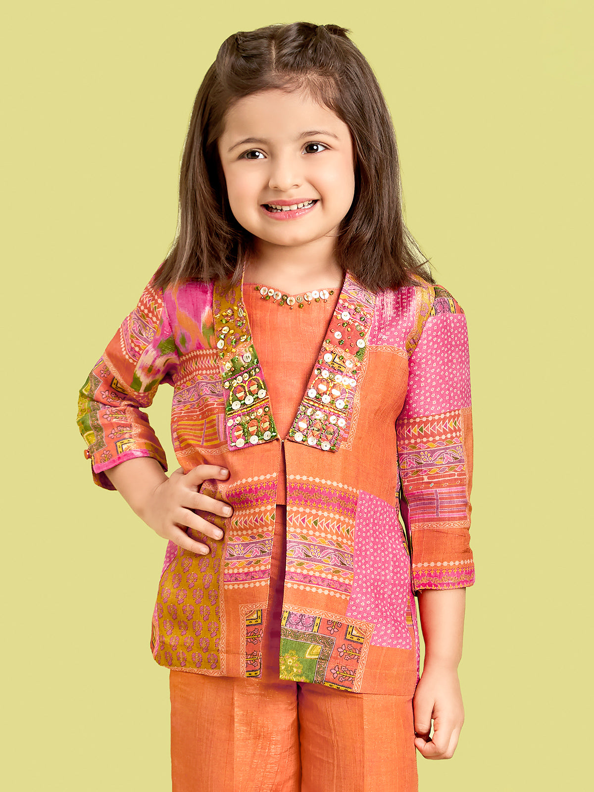 Peach slk salwar suit wth printed jacket