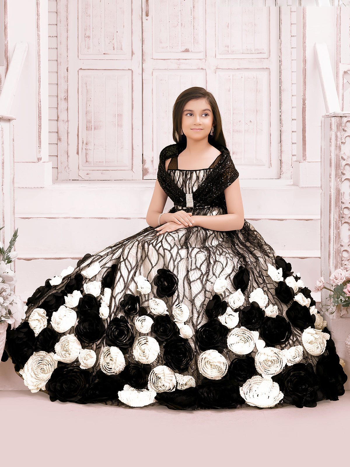 Black and cream net gwon with flower cutwork