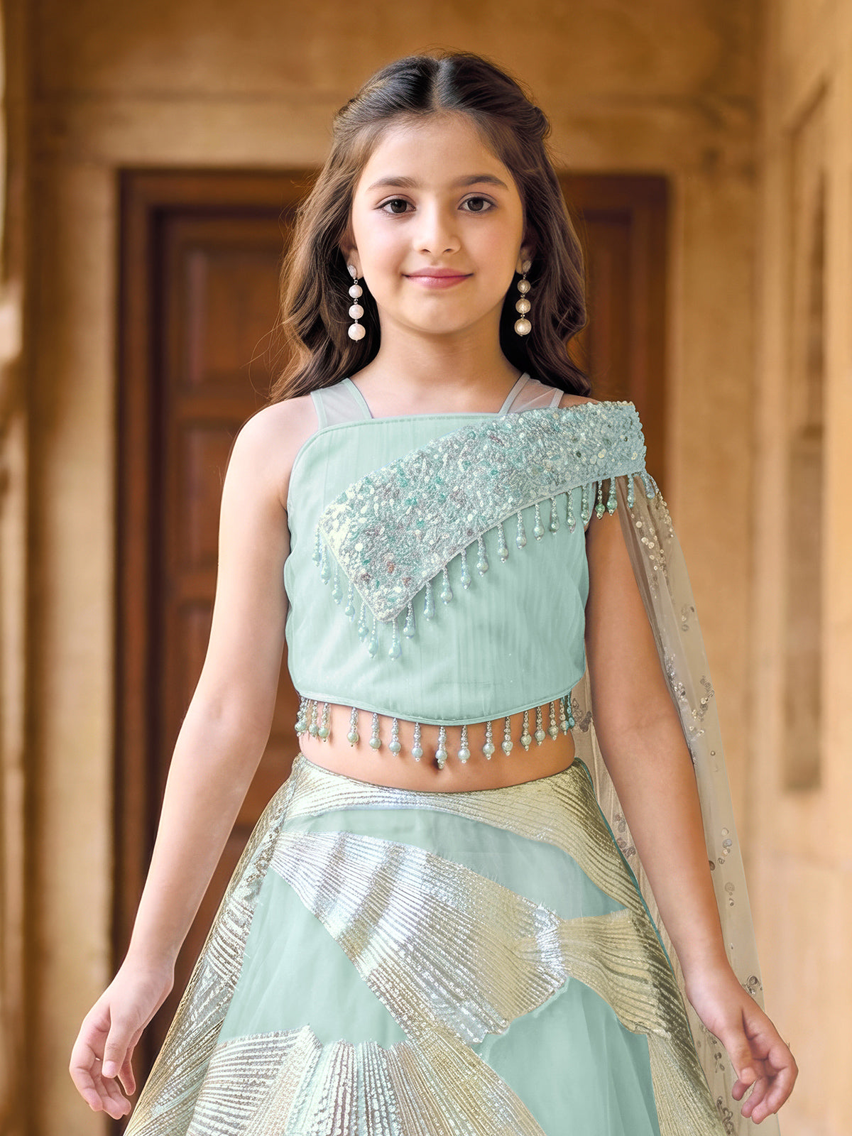Mint blue georgette lehenga choli for wedding celebration
