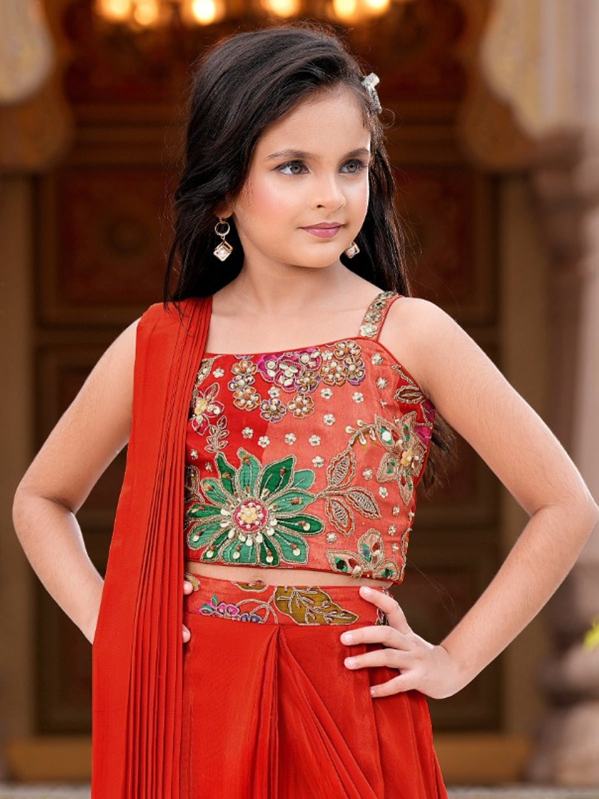 Red wedding wear silk sleeveless lehenga choli