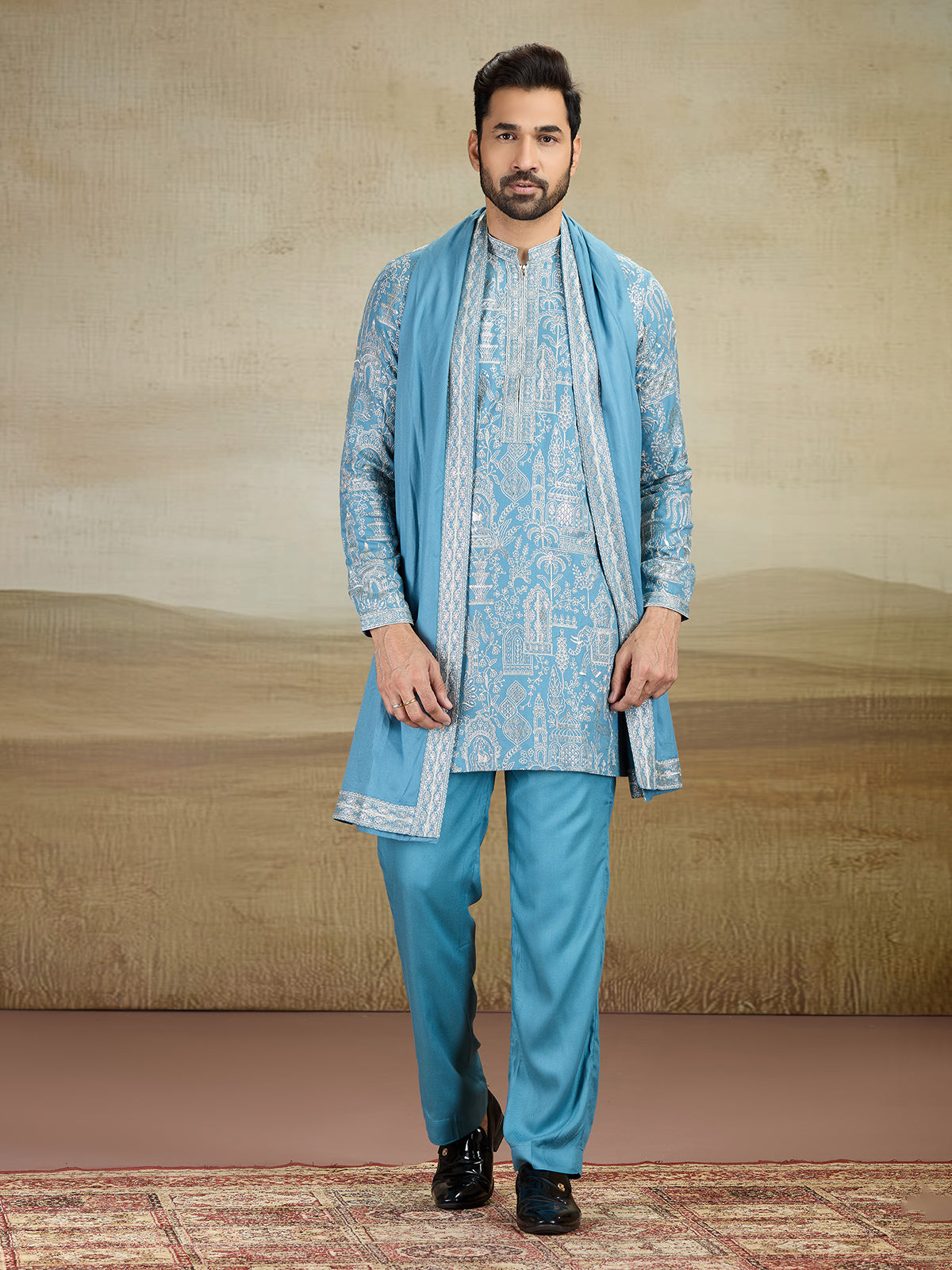 Sky blue rayon silk kurta pajama with dupatta