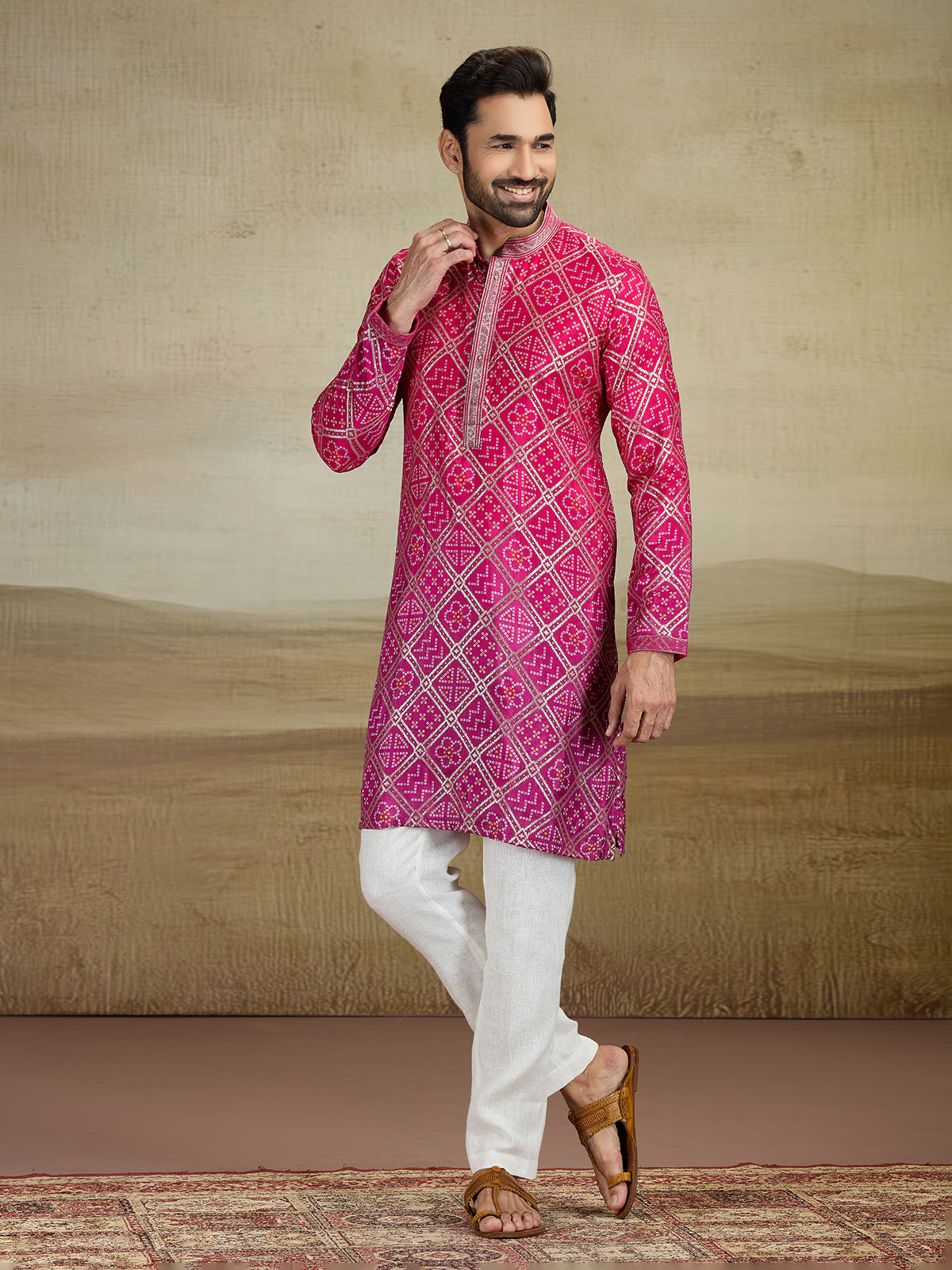 Magenta printed jacquard silk kurta pajama