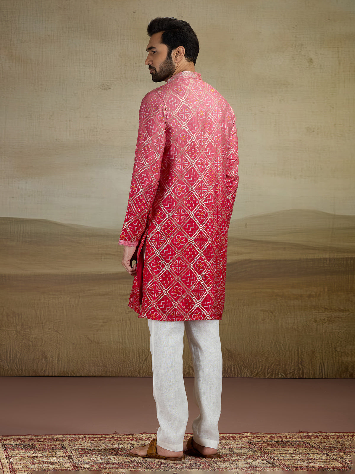 Red jacquard silk prnted kurta pajama for men