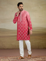 Red jacquard silk prnted kurta pajama for men