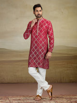 Maroon shaded jacquared silk kurta pajama with print
