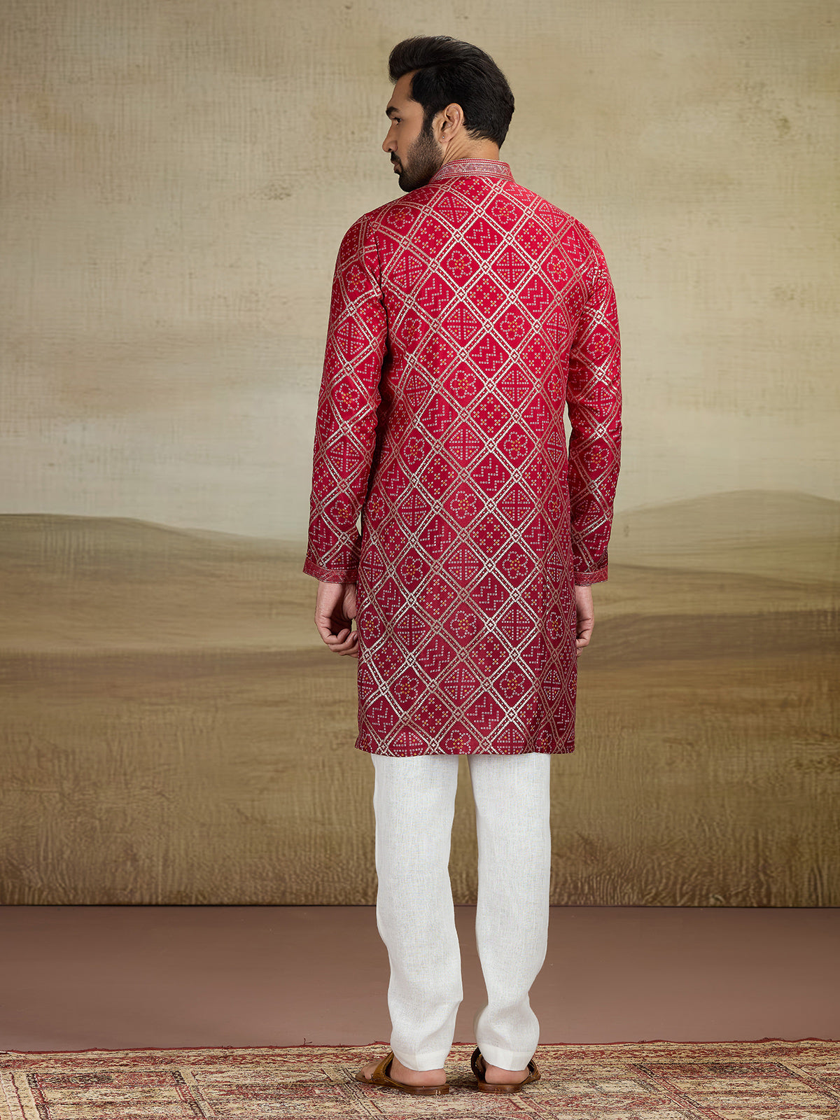 Maroon shaded jacquared silk kurta pajama with print