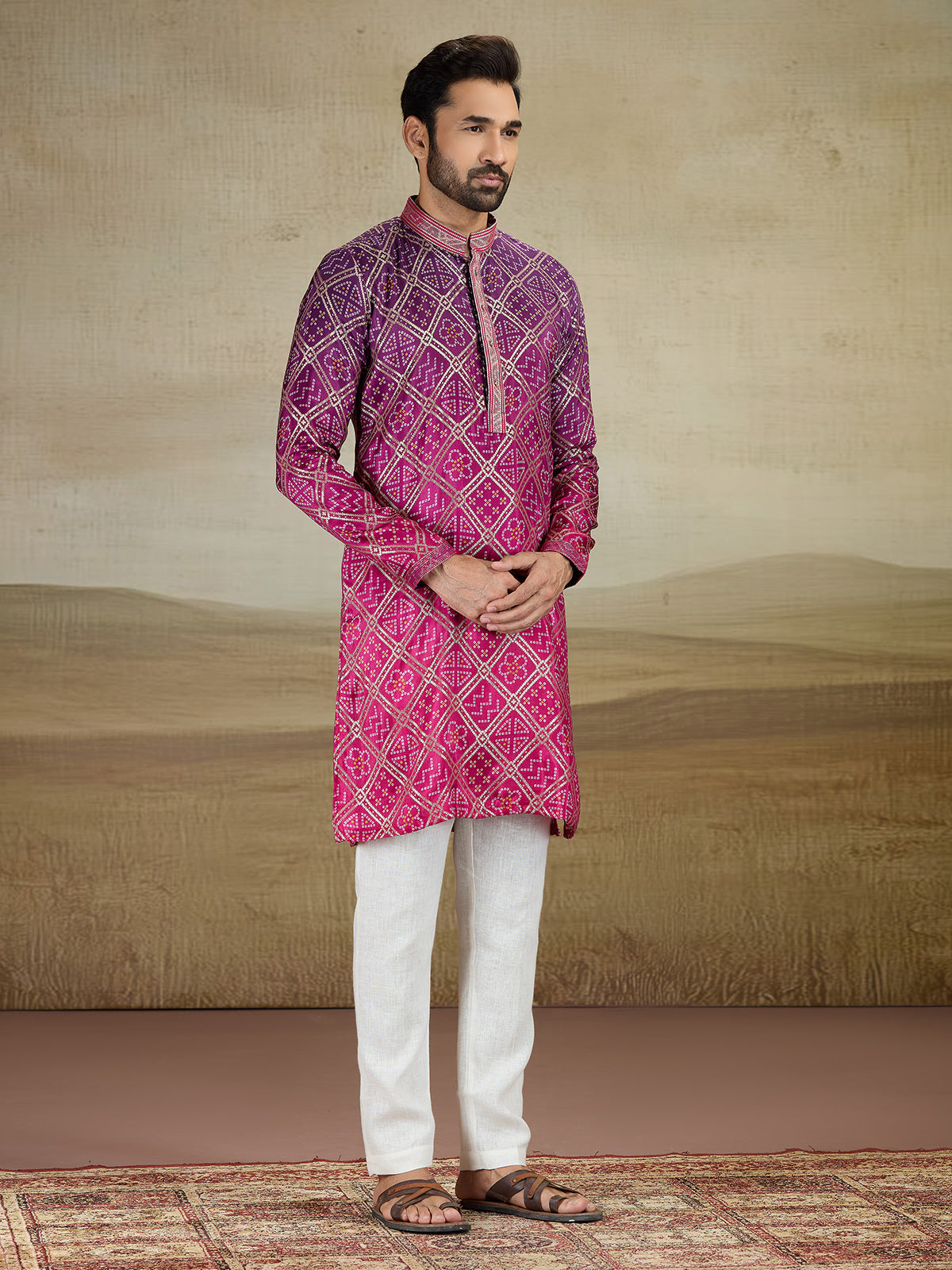 Pink jacquard silk shaded kurta pajama