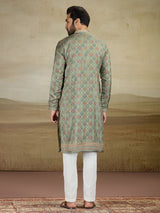 Olive printed viscose silk kurta suit for men