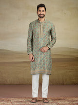 Olive printed viscose silk kurta suit for men