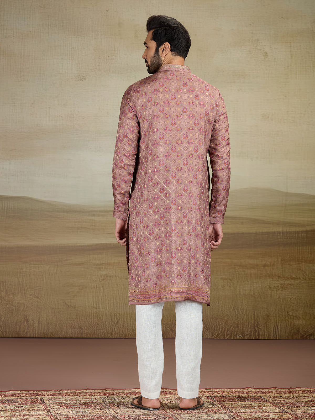 Light brown printed kurta suit in viscose silk