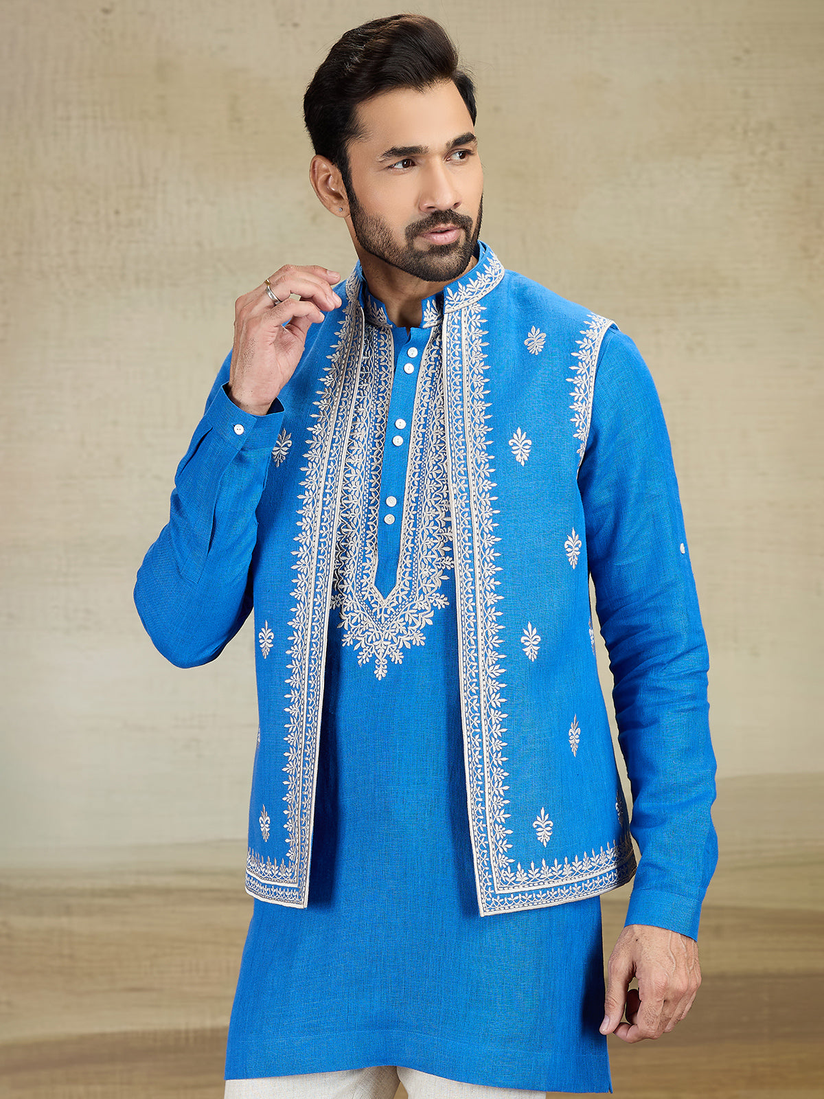 Aqua blue embrodered linen waistcoat set