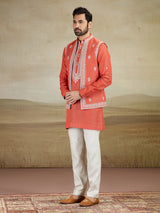Rust orange linen waistcoat set with embroidery