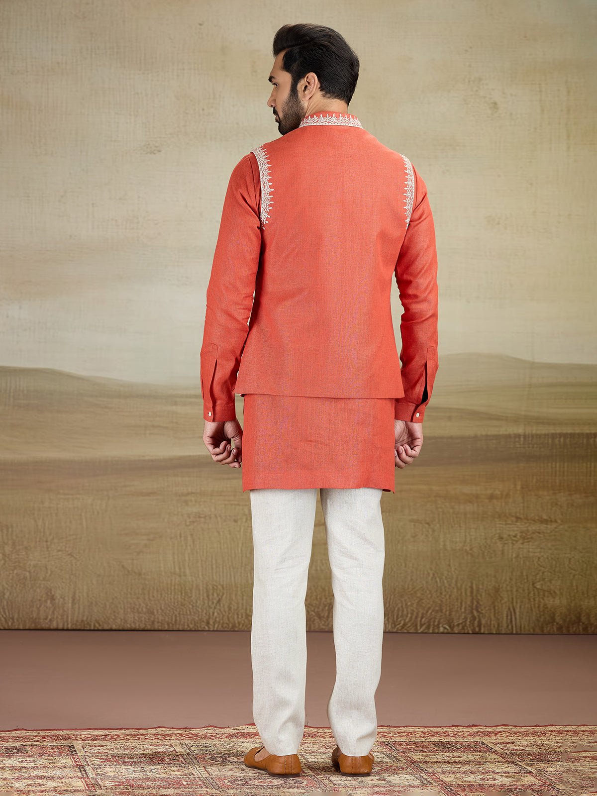 Rust orange linen waistcoat set with embroidery