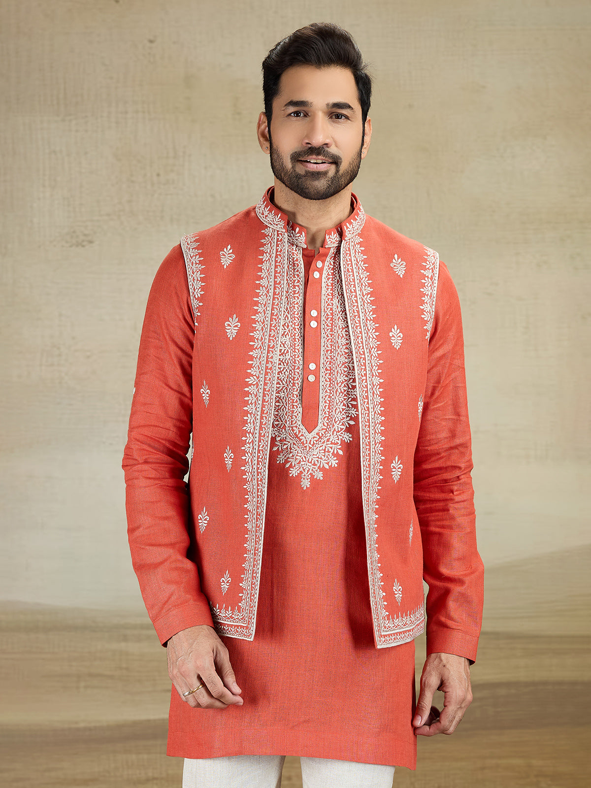 Rust orange linen waistcoat set with embroidery