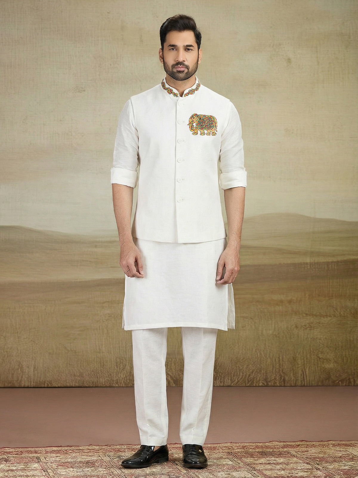 Off white linen waistcoat set for wedding wear