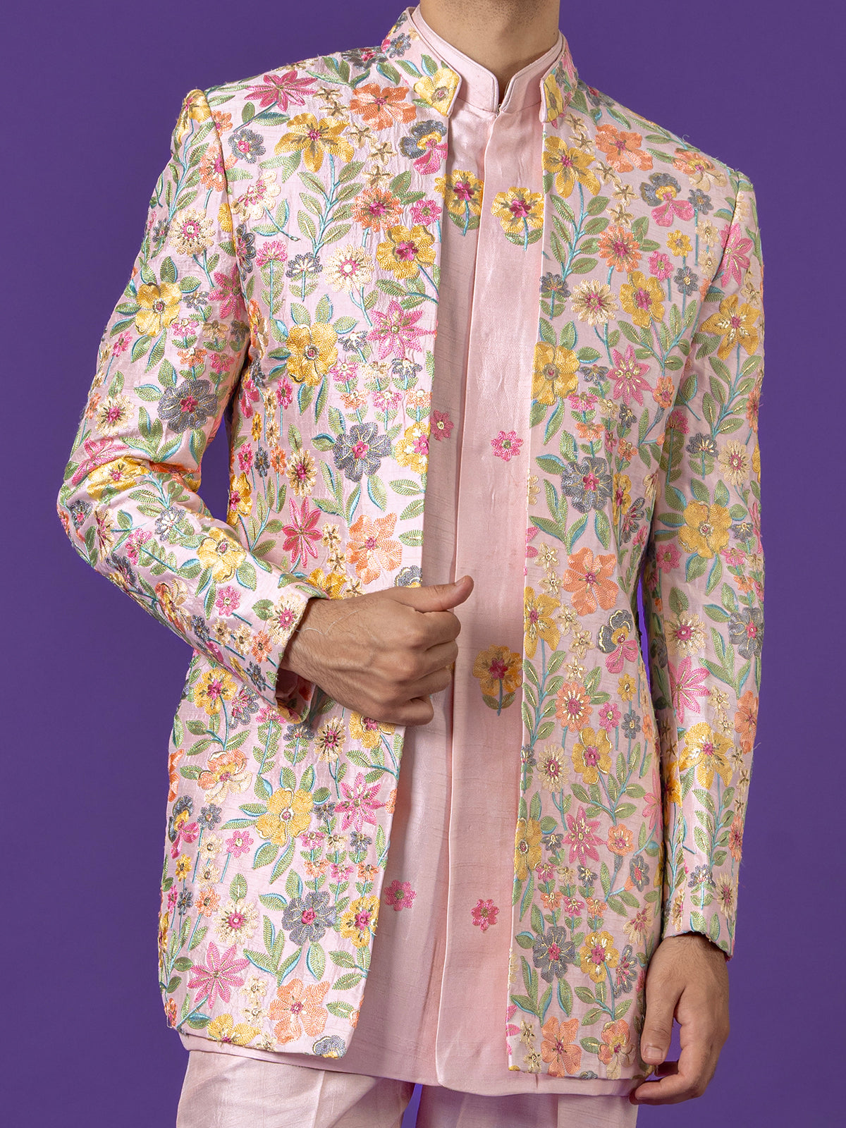Light pink silk indowestern set with embroidery