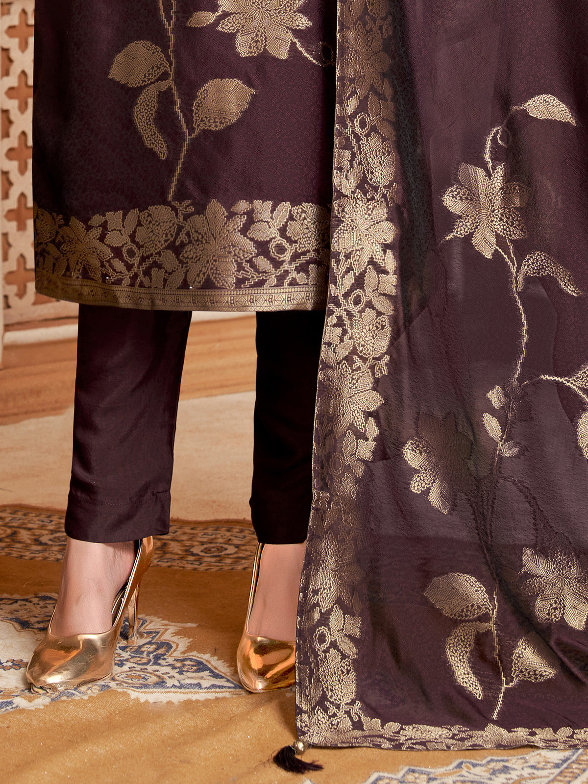 Dark wine zari worked silk salwar suit
