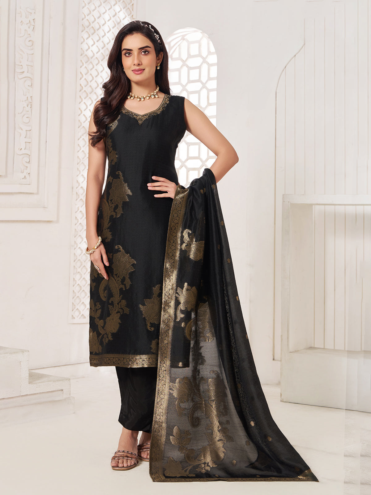 Black slk salwar suit with zari shine