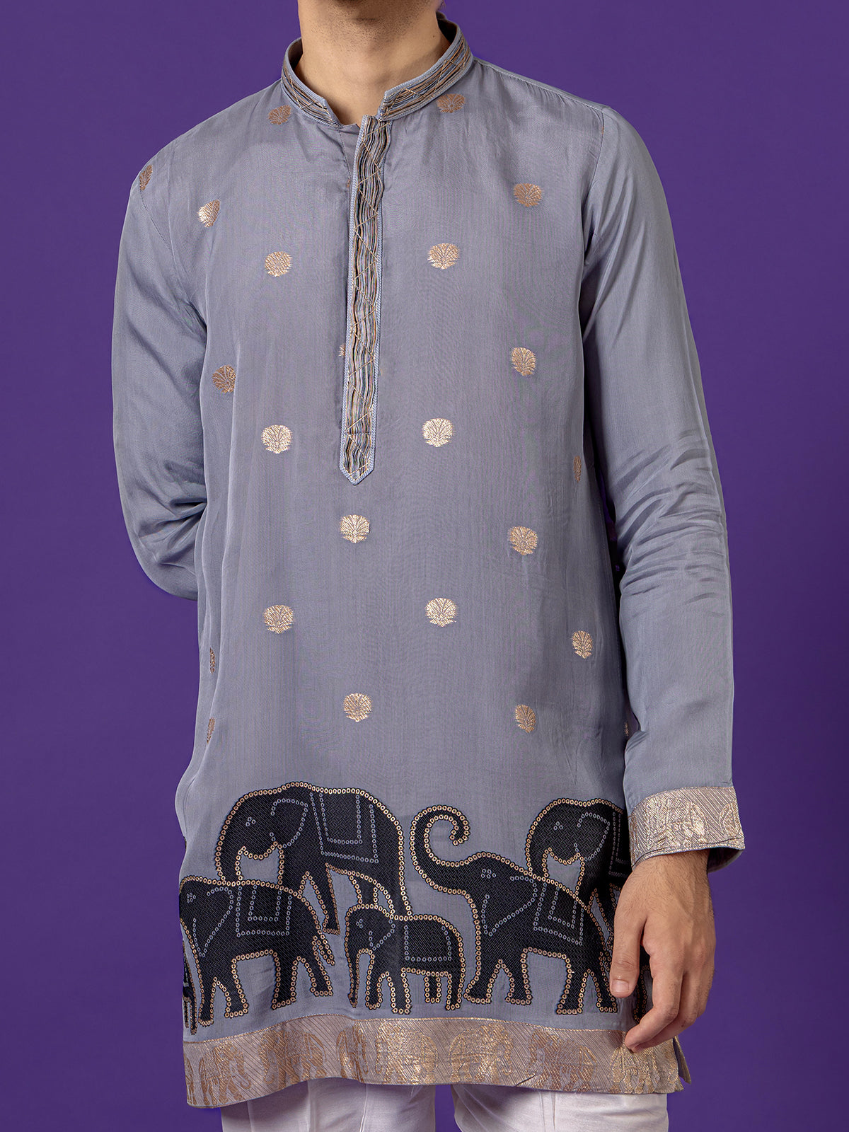 Grey festive wear cotton silk salwar suti