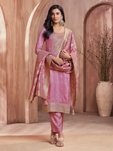 Light pink zari worked silk kurti set