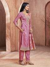 Light pink zari worked silk kurti set