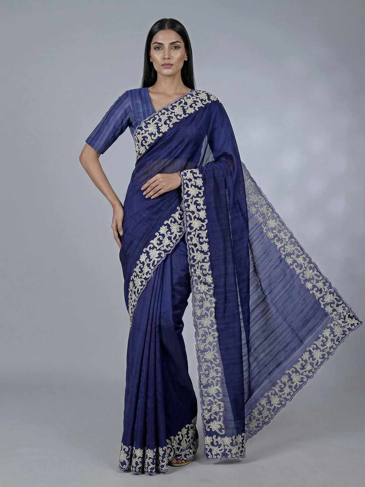 Navy semi tissue silk saree with embroidered border