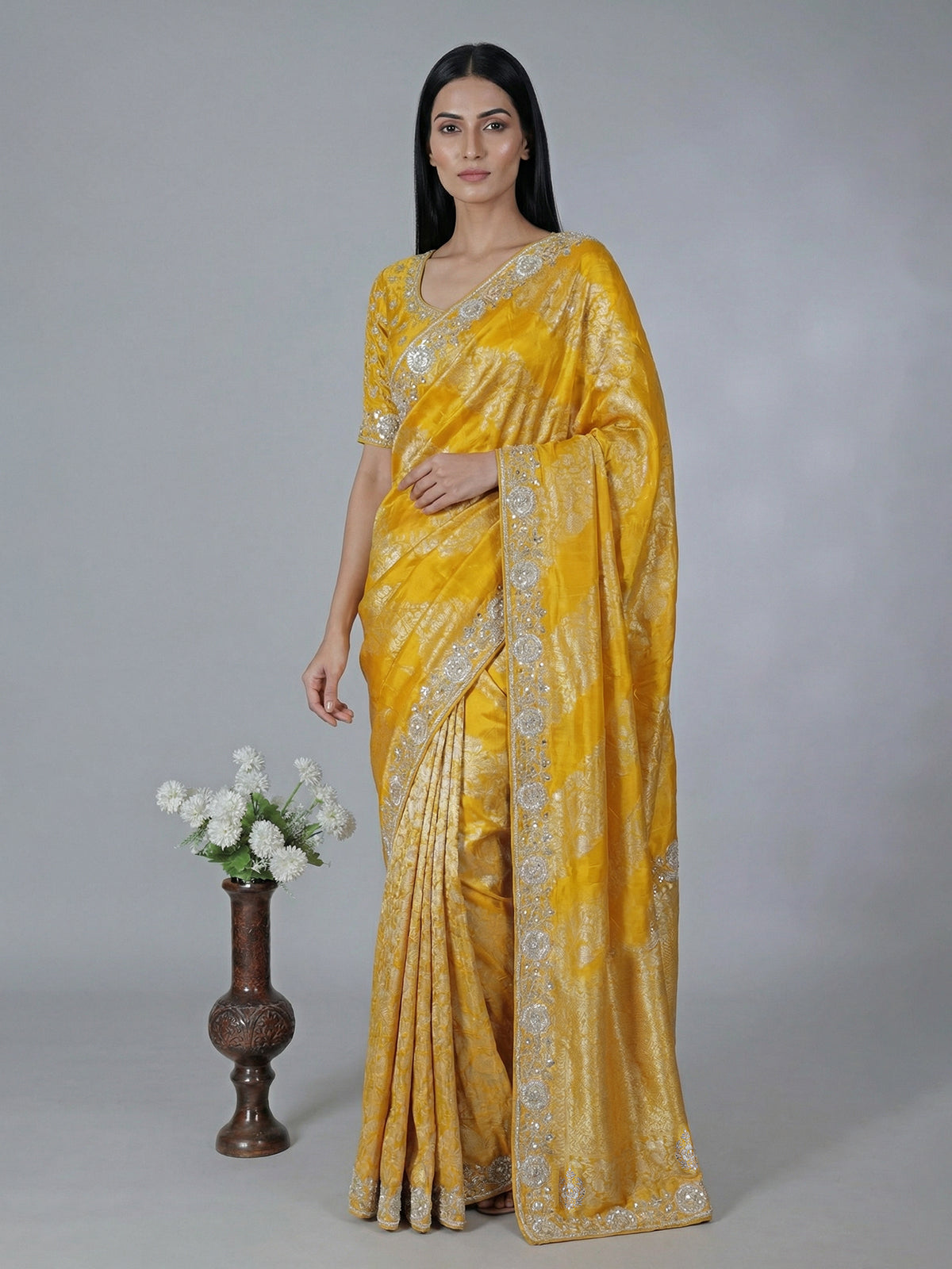 Yellow beads worked dola silk saree for wedding