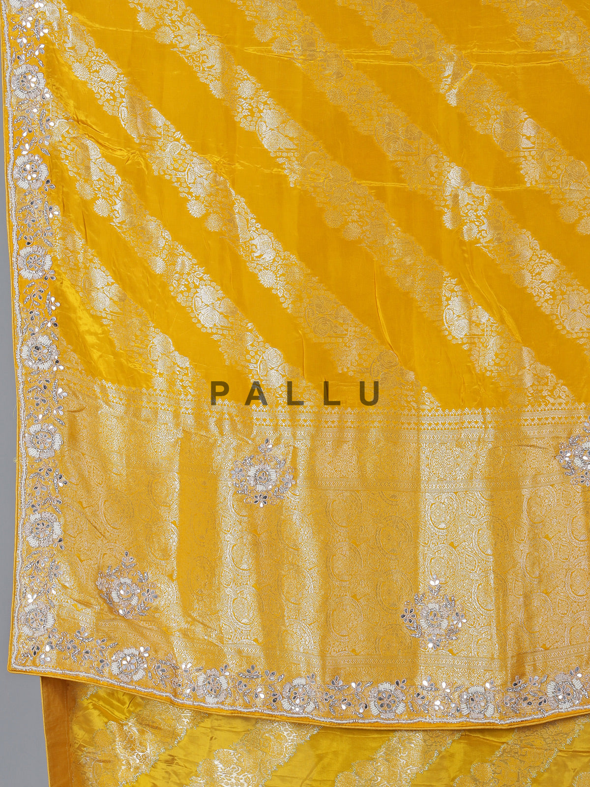 Yellow beads worked dola silk saree for wedding