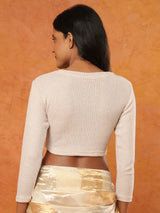 Beige knitted V-neck quarter sleeve readymade blouse