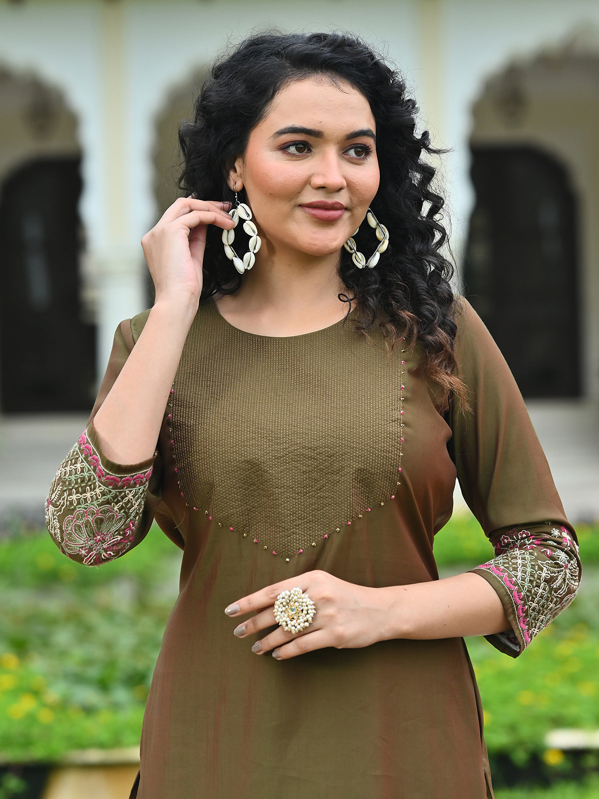 Olive cotton silk threadwork embroidered sequins kurti
