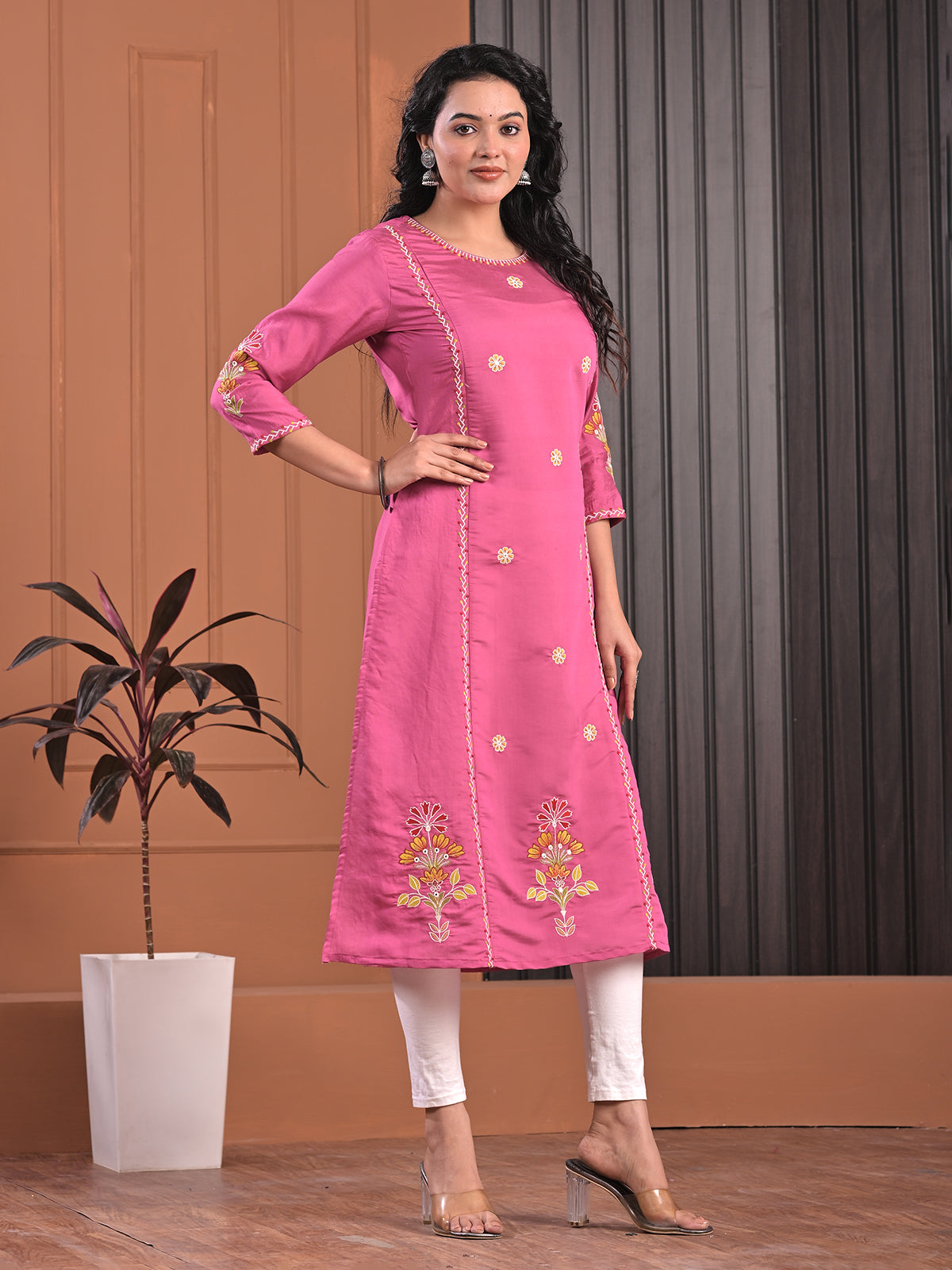 Pink cotton silk aabla embroidered threadwork kurti