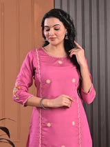 Pink cotton silk aabla embroidered threadwork kurti