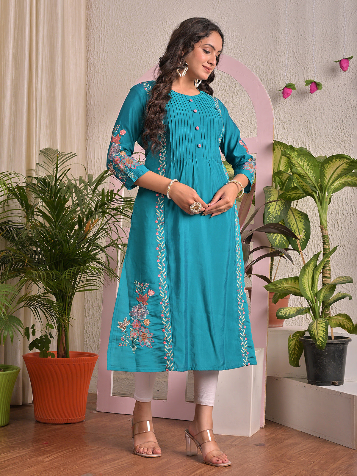 Blue silk embroidered casual kurti