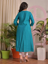 Blue silk embroidered casual kurti