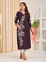 Dark purple viscose rayon embroidered sequins kurti