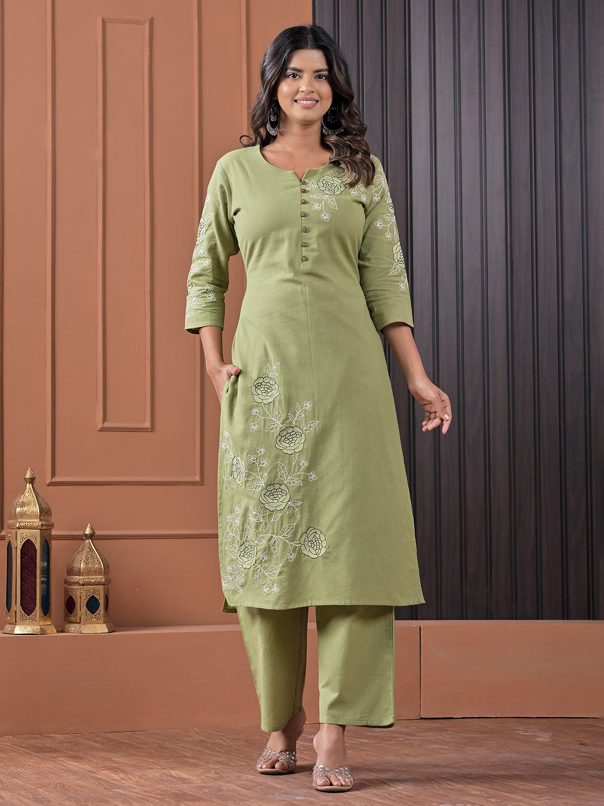 Pista green cotton embroidered kurti pant set