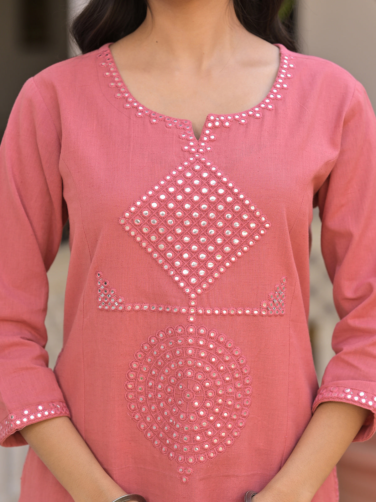 Peach cotton aabla embroidered kurti palazzo set