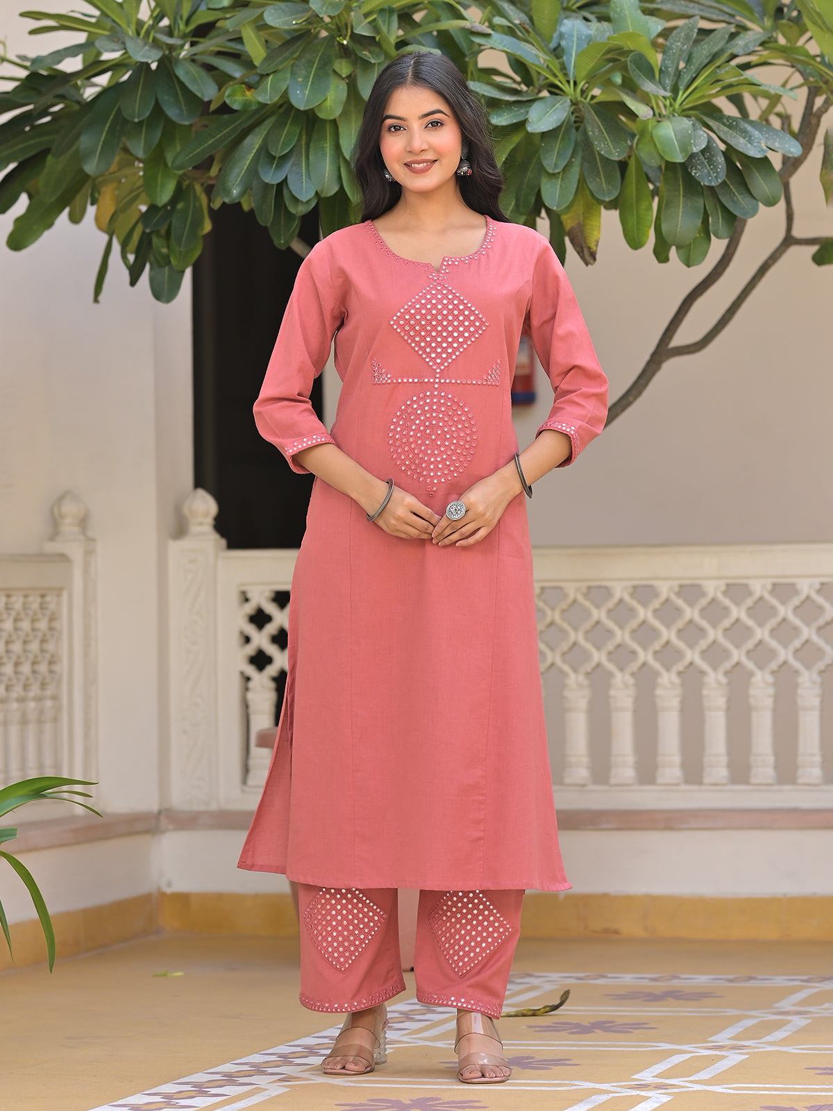 Peach cotton aabla embroidered kurti palazzo set