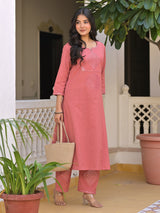 Peach cotton aabla embroidered kurti palazzo set
