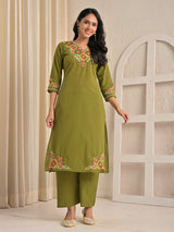 Mehndi green cotton silk embroidered kurti palazzo set