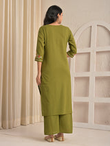 Mehndi green cotton silk embroidered kurti palazzo set