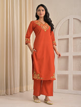 Rust cotton silk embroidered kurti palazzo set