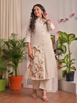 Beige cotton silk embroidered festive kurti set
