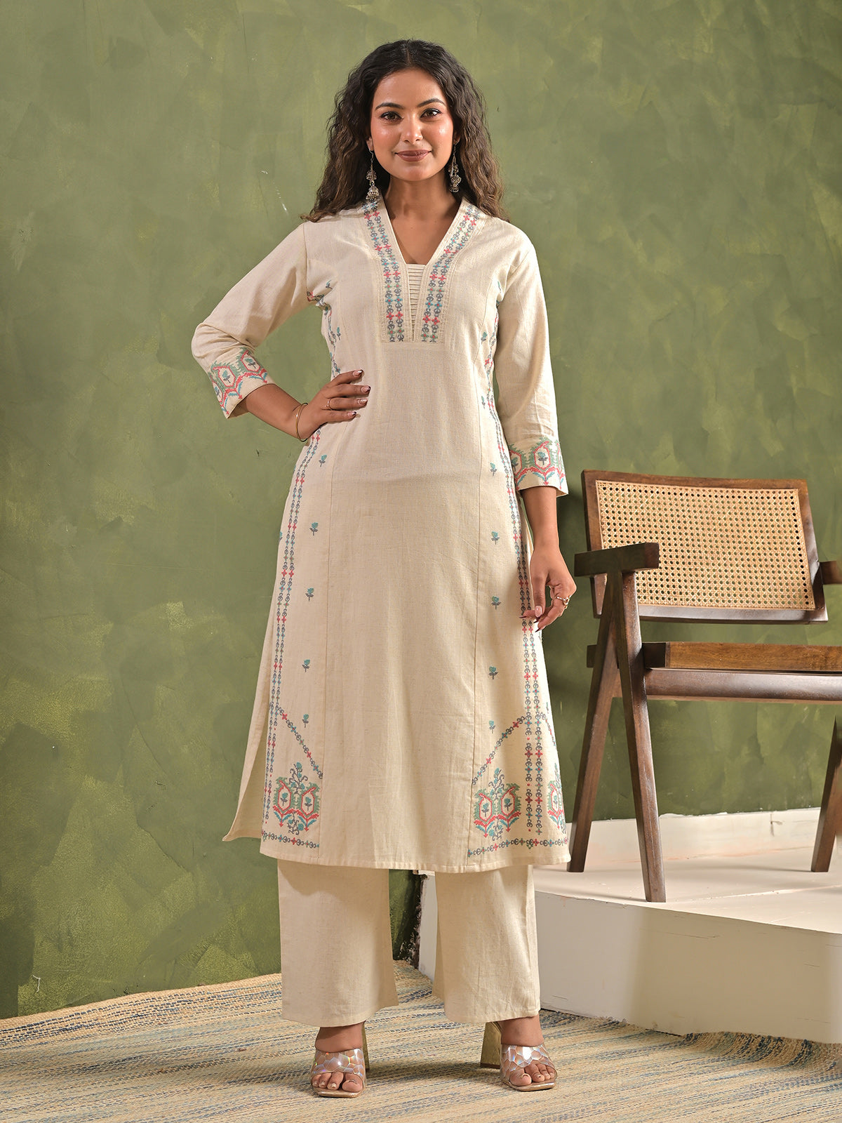 Cream cotton digital embroidered kurti pant set