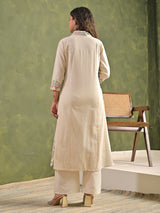 Cream cotton digital embroidered kurti pant set