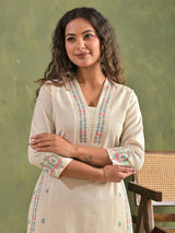 Cream cotton digital embroidered kurti pant set