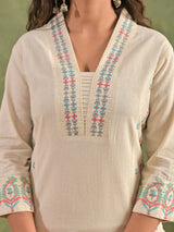 Cream cotton digital embroidered kurti pant set
